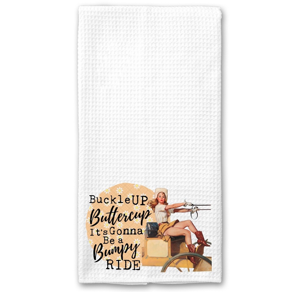 Vintage Pinup Waffle Weave Kitchen Towel Buckle Up Buttercup Bumpy Ride White